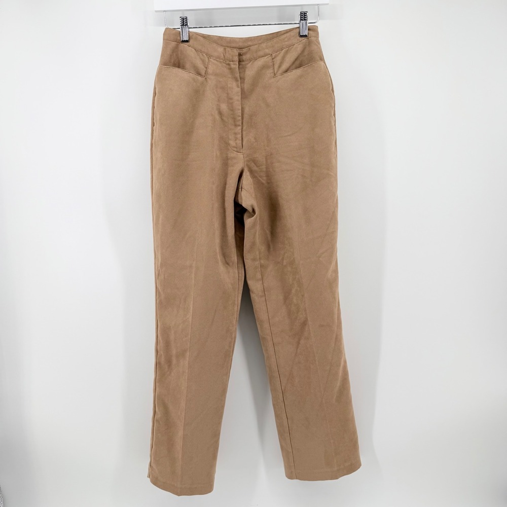 Worthington Womens 4P Petite Faux Suede Pants Tan Straight Leg Y2K Office Siren